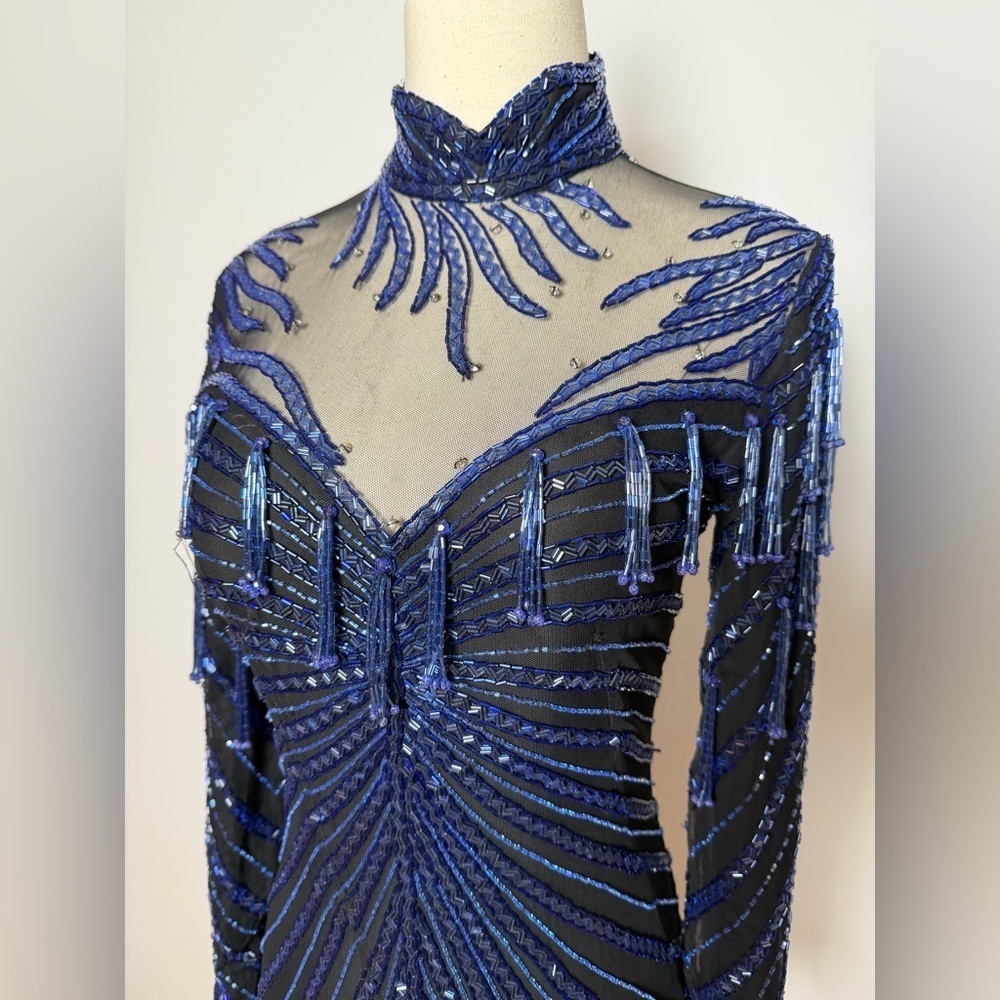 Vintage Lillie Rubin Embellished Cobalt Blue Silk Gown Size 4 - Picture 7 of 16